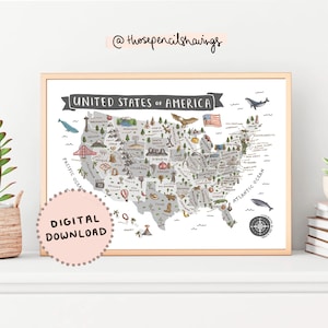 USA Karte Drucken | Illustrierte USA Wandkunst | Niedliche Landschaften & Tiere | Reise Karte Poster | DIGITALER DOWNLOAD
