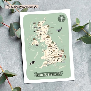 Postal con mapa del Reino Unido / Impresión ilustrada de viajes por el Reino Unido / Lugares de interés y animales encantadores / Regalo o recuerdo para quienes aman viajar