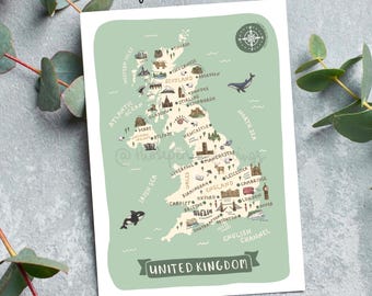 Cartão postal com mapa do Reino Unido | Impressão ilustrada de viagem ao Reino Unido | Pontos turísticos e animais fofos | Presente ou lembrança para quem deseja viajar