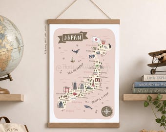 Japan Travel Map Poster: Illustrated Japanese Landmarks Art Print