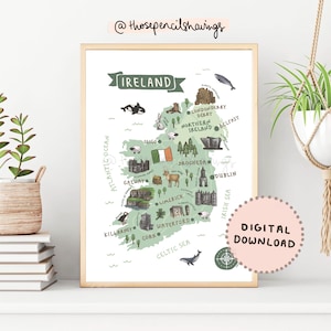 Irland Karte Print | Illustrierte irische Wandkunst | Niedliche Landschaften & Tiere | Reise Karte Poster | DIGITALER DOWNLOAD