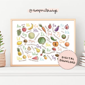 Fruits & Vegetables Alphabet Print | Illustrated A to Z Poster | ABC Wall Art for Kitchen, Classroom or Nursery | DIGITAL DOWNLOAD