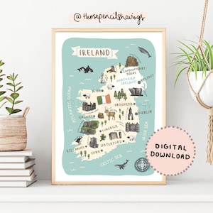 Carte de l'Irlande imprimée | Art mural irlandais illustré illustré | Animaux et monuments mignons | affiche de carte de voyage | TÉLÉCHARGEMENT NUMÉRIQUE