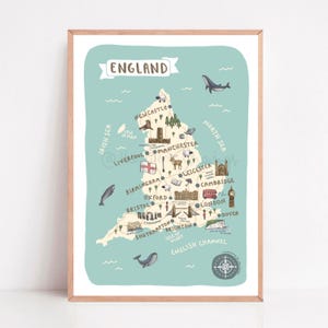 England Map Poster | Illustrated British Travel Print | Cute Landmarks Art & Souvenir Gift