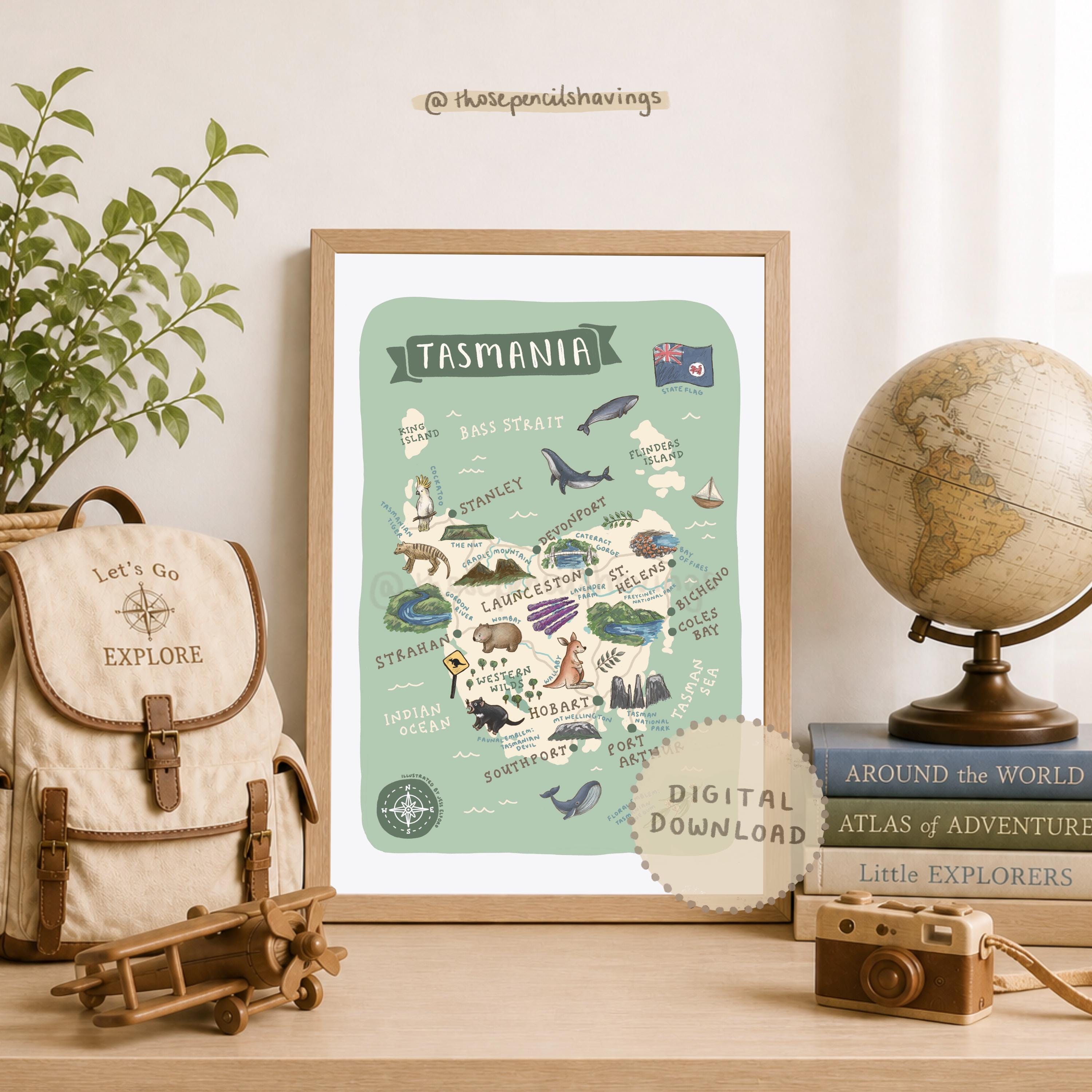 洋書 s of Tasmania Tasmania Map Print: Illustrated Travel Poster (digital Download