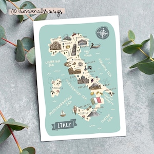 Italy Map Postcard: Illustrated Travel Souvenir, Italian Landmarks