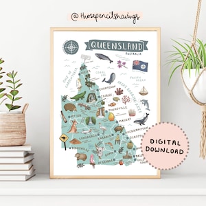 Queensland Karte Drucken | Illustrierte QLD druckbare Kunst | Niedliche Aussie Wahrzeichen & Tiere | Australien Reise Karte Poster | DIGITALER DOWNLOAD