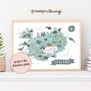 Island Karte Print | Illustrierte isländische druckbare Kunst | Niedliche Nordische Wahrzeichen & Tiere | Reise Karte Poster | DIGITALER DOWNLOAD