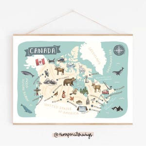 Impression de la carte du Canada | Affiche illustrée d'art de voyage | Animaux et monuments canadiens mignons | Décoration murale Wanderlust | Art pour chambre d'enfant