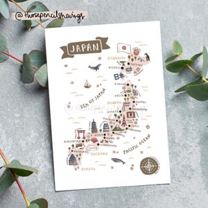 postale de carte du Japon | Art de voyage japonais illustré | Icônes et monuments mignons | Cadeau ou souvenir Wanderlust