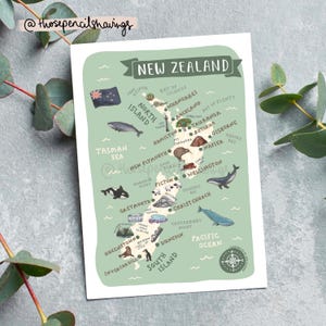 New Zealand Map Postcard | Illustrated Kiwi Travel Print | Cute Landmarks & Animals | Wanderlust Gift or Souvenir