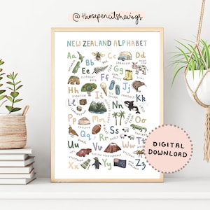 Impressão do alfabeto da Nova Zelândia | Pôster de A a Z para impressão | Arte de parede fofa do alfabeto da Nova Zelândia para crianças | Decoração de berçário ou sala de aula neozelandesa | DOWNLOAD DIGITAL