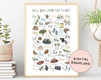 New Zealand Alphabet Print | Illustrated ABC Poster | A-Z Kiwiana Alphabet Nursery | NZ Classroom | Kiwi Kids Room | Digital Download