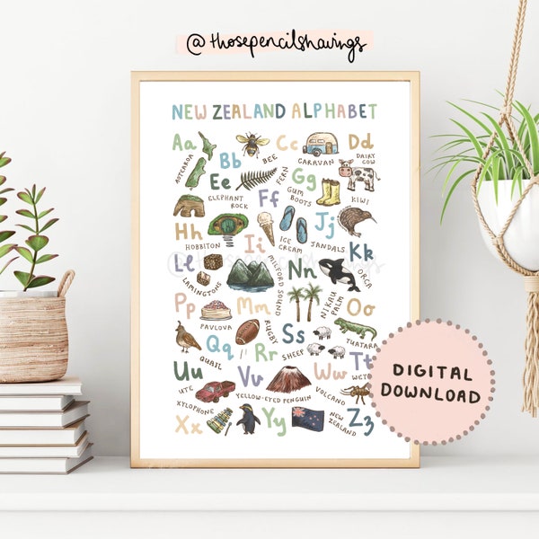 New Zealand Alphabet Print | Illustrated ABC Poster | A-Z Kiwiana Alphabet Nursery | NZ Classroom | Kiwi Kids Room | Digital Download