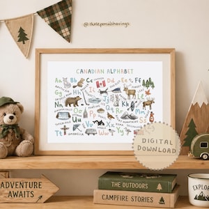 May include: A framed print featuring the "CANADIAN ALPHABET" with colorful illustrations of Canadian animals, landmarks, and objects. The print includes the text "DIGITAL DOWNLOAD" and is displayed on a wooden shelf with decorative items, including a teddy bear and a sign that says "ADVENTURE AWAITS."