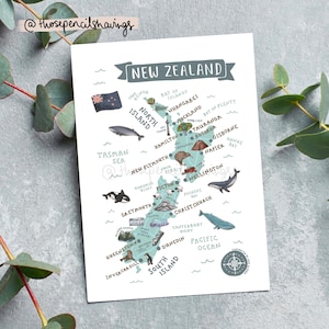 New Zealand Map Postcard | Illustrated Kiwi Travel Print | Cute Landmarks & Animals | Wanderlust Gift or Souvenir