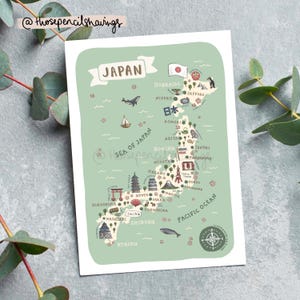 Japan Map Postcard | Illustrated Japanese Travel Art | Cute Landmarks & Icons | Wanderlust Gift or Souvenir