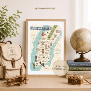 May include: A framed print of a New York City map with a light wood frame. The map includes illustrations of landmarks such as the Statue of Liberty and Central Park. A backpack, globe, books, and a toy camera are in the foreground.