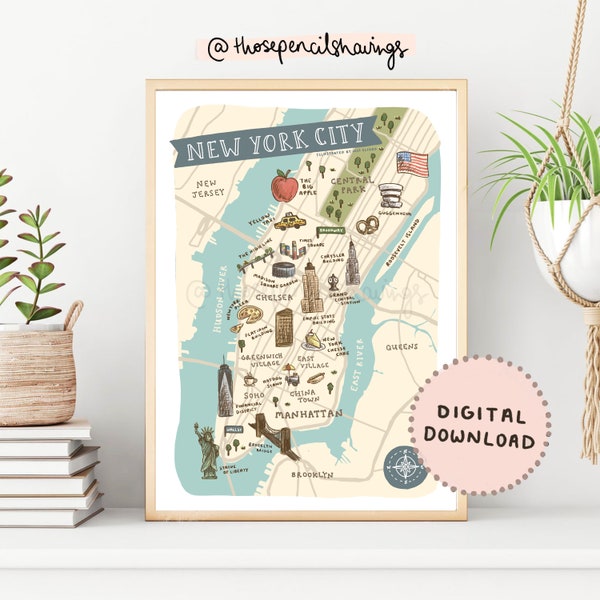 Map of New York City | Cute Illustrated NYC Map | New York Landmarks | Travel Map Gift | Manhattan Print | USA Map | Digital Download