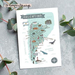 Postal con mapa de Argentina / Impresión ilustrada de viaje por Sudamérica / Adorables lugares de interés y animales argentinos / Regalo o recuerdo para viajeros