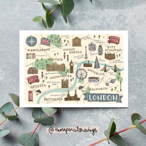 Cartolina con mappa di Londra: souvenir di viaggio britannico illustrato