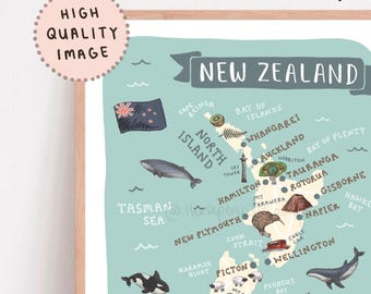 New Zealand Map Print: Illustrated NZ Landmarks Animals (digital