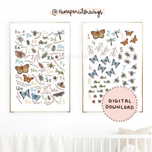 Insekten Alphabet und Zahlen Print Insekten ABC 123 Poster A-Z und Counting Nursery Mini Beasts Print Kinderspielzimmer Digitaler Download Bild 1