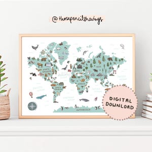 Weltkarte Print | Illustrierte Weltkarte druckbare Kunst fürs Kinderzimmer | Lernposter mit Globus | Reise Karte Poster | DIGITALER DOWNLOAD