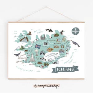 de carte de l'Islande | Impression illustrée de voyage nordique | Animaux et monuments islandais mignons | Cadeau ou souvenir Wanderlust