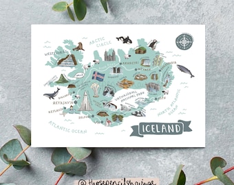Cartolina con mappa dell'Islanda / Stampa illustrata di viaggio nordico / Graziosi monumenti e animali islandesi / Regalo o souvenir per viaggiatori