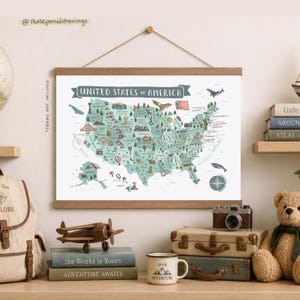 Illustrated USA Map Print | United States Landmarks Travel Wall