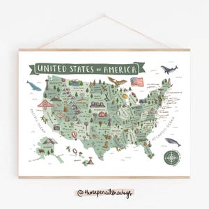 USA Karte Drucken | Illustrierte USA Wandkunst Poster | Niedliche Landschaften & Tiere | Amerikanisches Reisegeschenk