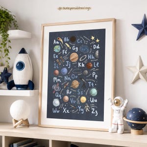 May include: A framed educational print featuring an alphabet with space-themed illustrations. Planets, rockets, and constellations are depicted in a colorful, whimsical style against a dark blue background. The print is displayed on a shelf with decorative space-themed items.