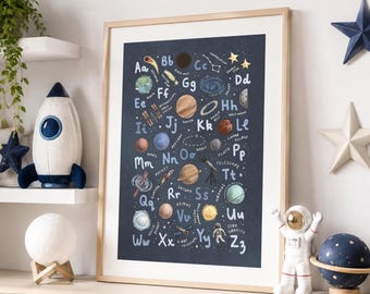以下が含まれることがあります： 宇宙をテーマにしたイラストが描かれたアルファベットの額入り教育用プリント。惑星、ロケット、星座が、濃い青色の背景にカラフルで気まぐれなスタイルで描かれています。プリントは、宇宙をテーマにした装飾品が置かれた棚に飾られています。