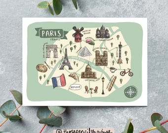 postale de plan de Paris | Impression de voyage illustrée en français | Icônes et monuments mignons | Cadeau ou souvenir Wanderlust