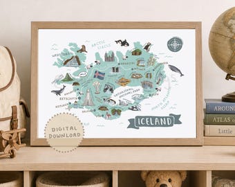 May include: A framed illustrated map of Iceland featuring landmarks, wildlife, and the Icelandic flag. The map includes text labels for locations like Reykjavik, Akureyri, and Vatnajökull National Park, with a compass rose and the word ICELAND.