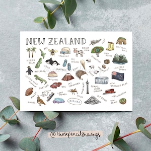 Ansichtkaart Bezienswaardigheden Nieuw-Zeeland | Geïllustreerde Kiwi Travel Art | Leuke NZ-pictogrammen en souvenir