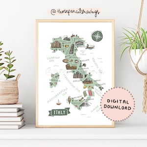 Italy Map Print | Illustrated Italy Printable Wall Art | Cute Europe Landmarks | Italian Travel Map Poster | DIGITAL DOWNLOAD