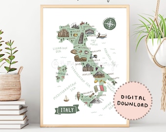 Impresión del mapa ilustrado de Italia: Póster de lugares de interés turístico (descarga digital)