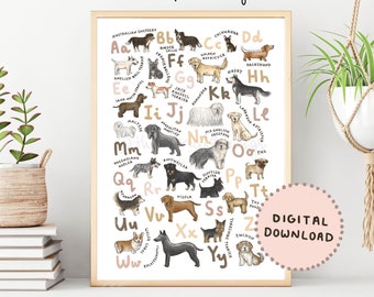 Dog Breeds Alphabet Print | ABC Dog Alphabet Poster | A-Z Types of Dogs | Dog Breed Chart Wall Art | Gift for Dog Lovers | Digital Download