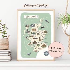 Schottland Karte Print | Illustrierte schottische druckbare Kunst | Niedliche Landschaften & Tiere | Reise Karte Poster | DIGITALER DOWNLOAD
