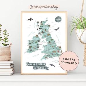 Great Britain and Ireland Map Print | Illustrated UK Printable Wall Art | Cute Landmarks & Animals | Travel Map Poster | DIGITAL DOWNLOAD