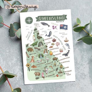 Queensland Map Postcard | Illustrated Australian Travel Print | Cute Landmarks & Icons | Wanderlust Gift or Souvenir
