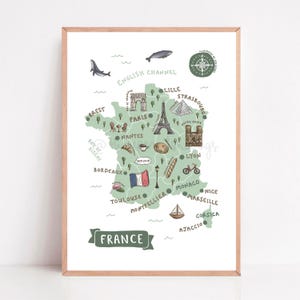 France Map Print: Illustrated Travel Poster, French Landmarks