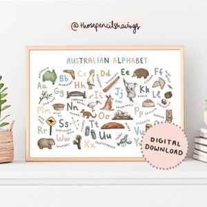 Impressão do alfabeto australiano | Pôster com marcos australianos de A a Z | Decoração ilustrada para berçário | Pôster para sala de aula ou educação domiciliar | DOWNLOAD DIGITAL