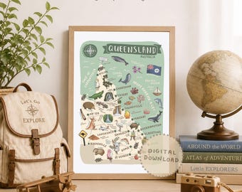 Queensland Map Print: Illustrated Aussie Landmarks & Animals (Digital Download)