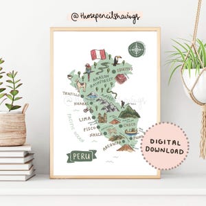 Peru Karte Drucken | Illustrierte Südamerika druckbare Kunst | Niedliche Landschaften & Tiere | Reise Karte Poster | DIGITALER DOWNLOAD