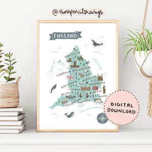England Karte Drucken | Illustrierte britische druckbare Kunst | Niedliche UK Wahrzeichen & Tiere | Reise Karte Poster | DIGITALER DOWNLOAD