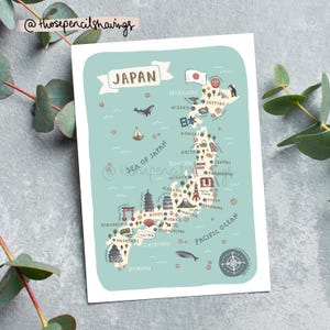 Japan Karte Postkarte | Illustrierte Japanische Reisekunst | Niedliche Wahrzeichen & Icons | Fernweh Geschenk oder Souvenir