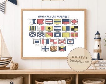 Nautical Flag Alphabet Print: Maritime Signal Flags, Coastal Nursery (Digital Download)